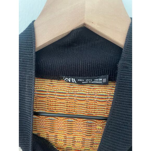 Zara Jacquard Geo Stripe Mock Neck Top Large Black Orange Retro 70s Long Sleeve - Picture 11 of 11